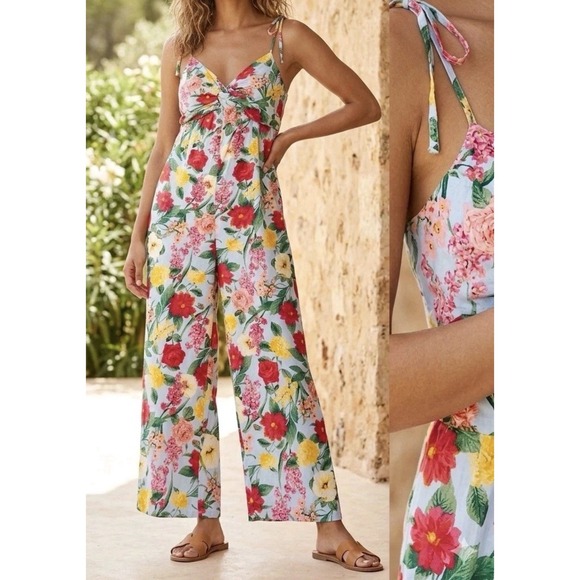 Old Navy Pants - Old Navy Jumpsuit  L Linen Blend Floral sleeveless Tie Wide Leg boho beach Airy